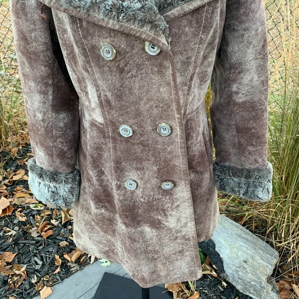 Vintage Penny Lane Pea Coat Faux Suede Fur Trim Double Breasted Overcoat - Picture 3 of 16
